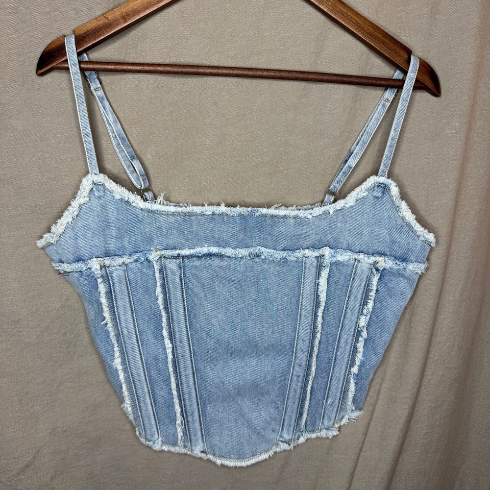 Altar'd State Denim Corset Top Light Wash Frayed Raw Edge SK6505 XL New
